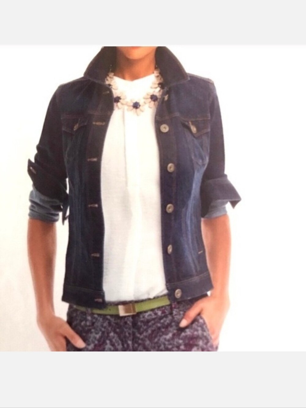 Cabi Norma Jean Stretch Denim Trucker Jacket Dark Blue Small - Picture 3 of 14